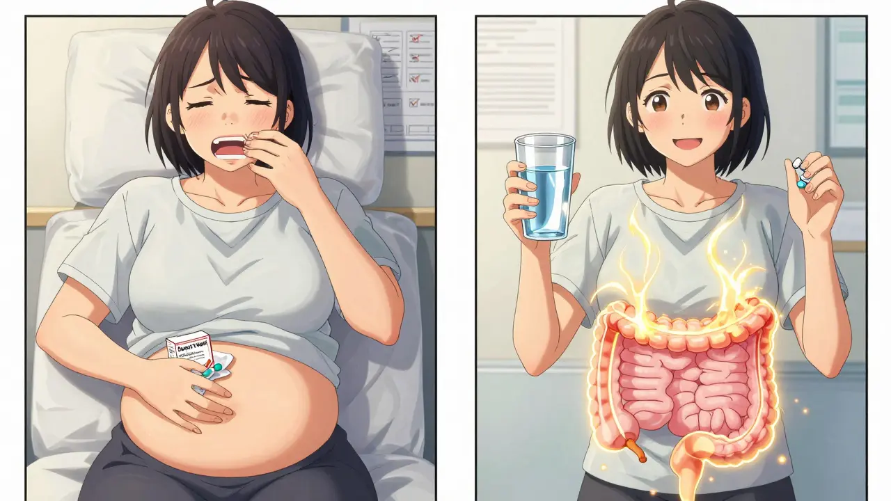 Split scene: patient overwhelmed by fiber vs. relieved with effective laxatives, showing gut health restored.