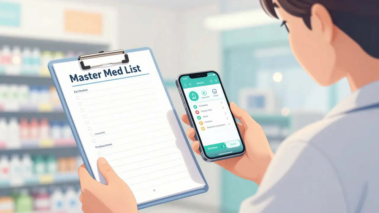 Anime character confidently holding a medication list and a reminder app.