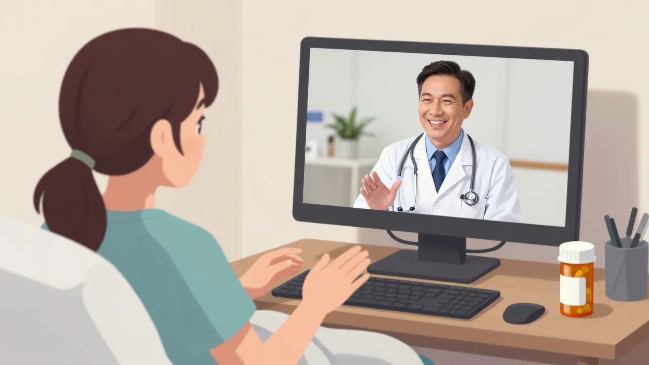 Anime illustration of a telehealth doctor consultation and a bottle of generic medicine