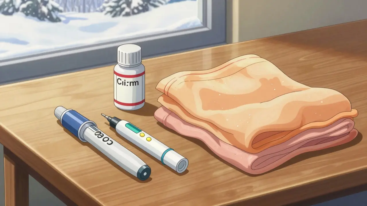 Anime illustration of an EpiPen and medication for cold hive management.