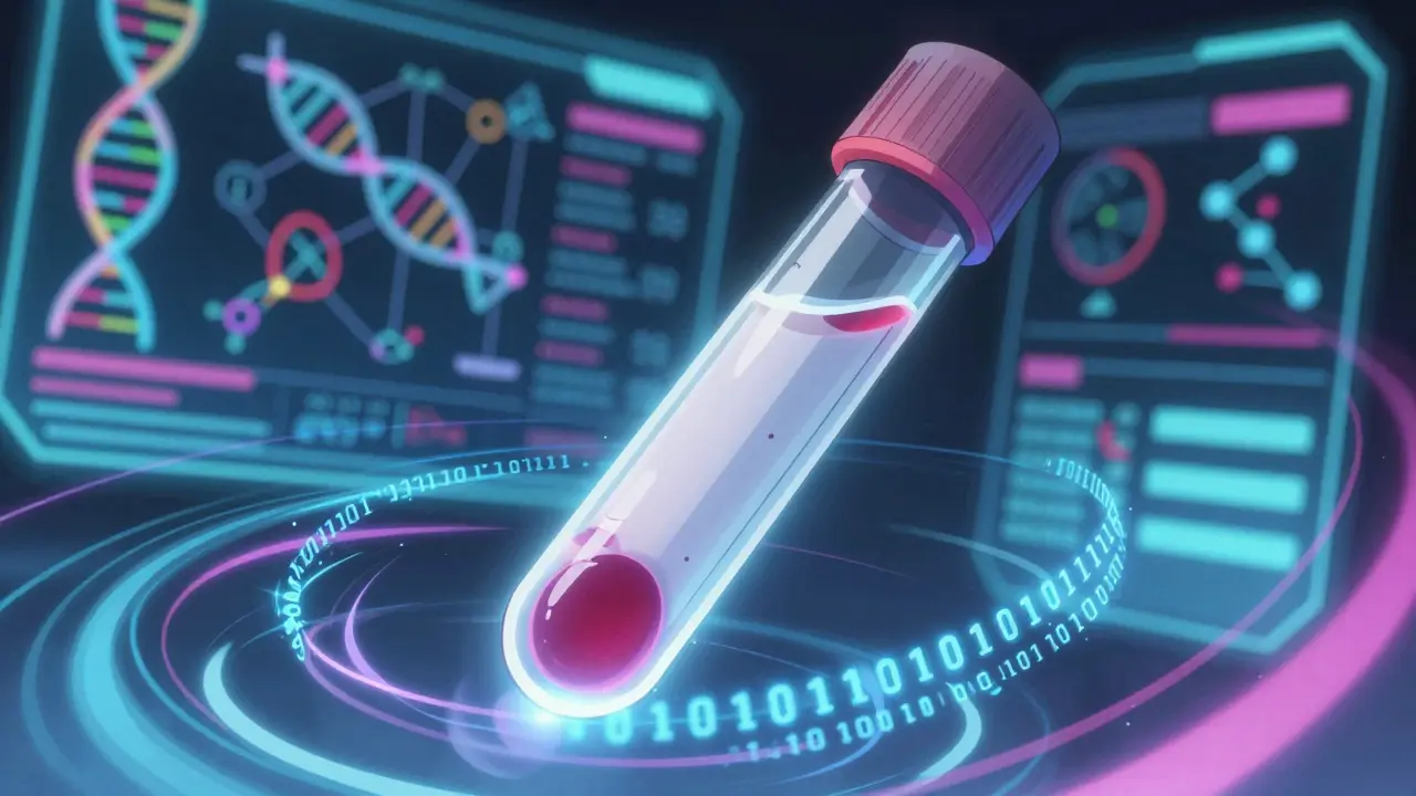 Anime representation of a liquid biopsy with AI data streams and molecular mapping