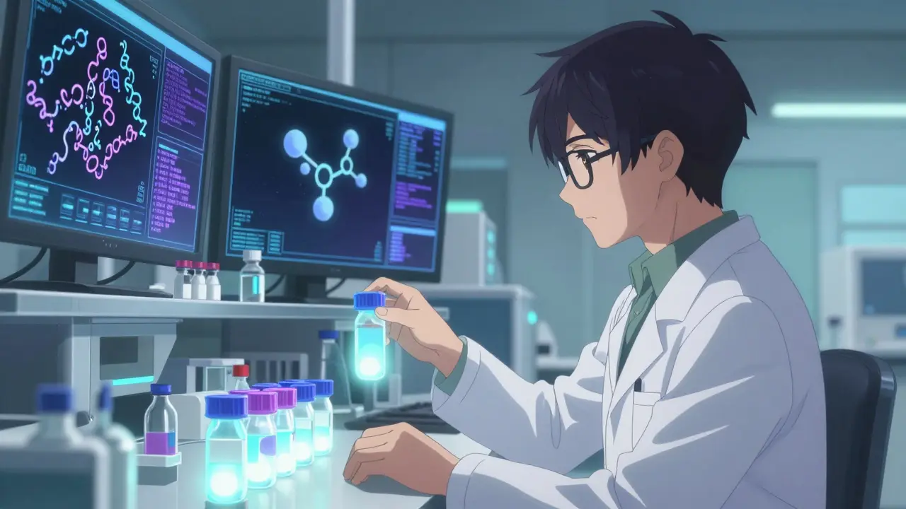 Anime scientist in a high-tech lab analyzing molecular biomarkers on glowing screens