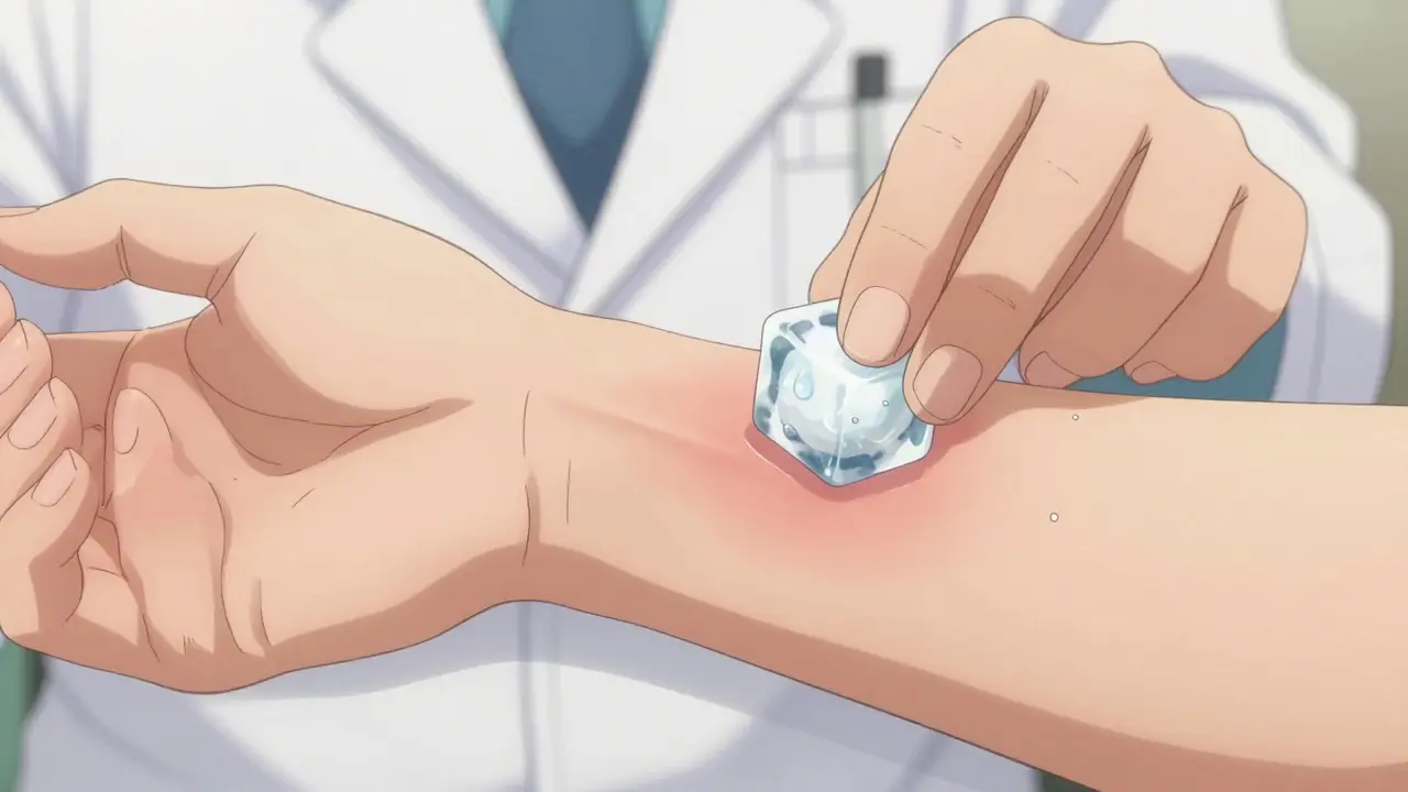 Anime-style close-up of an ice cube test being performed on a forearm.
