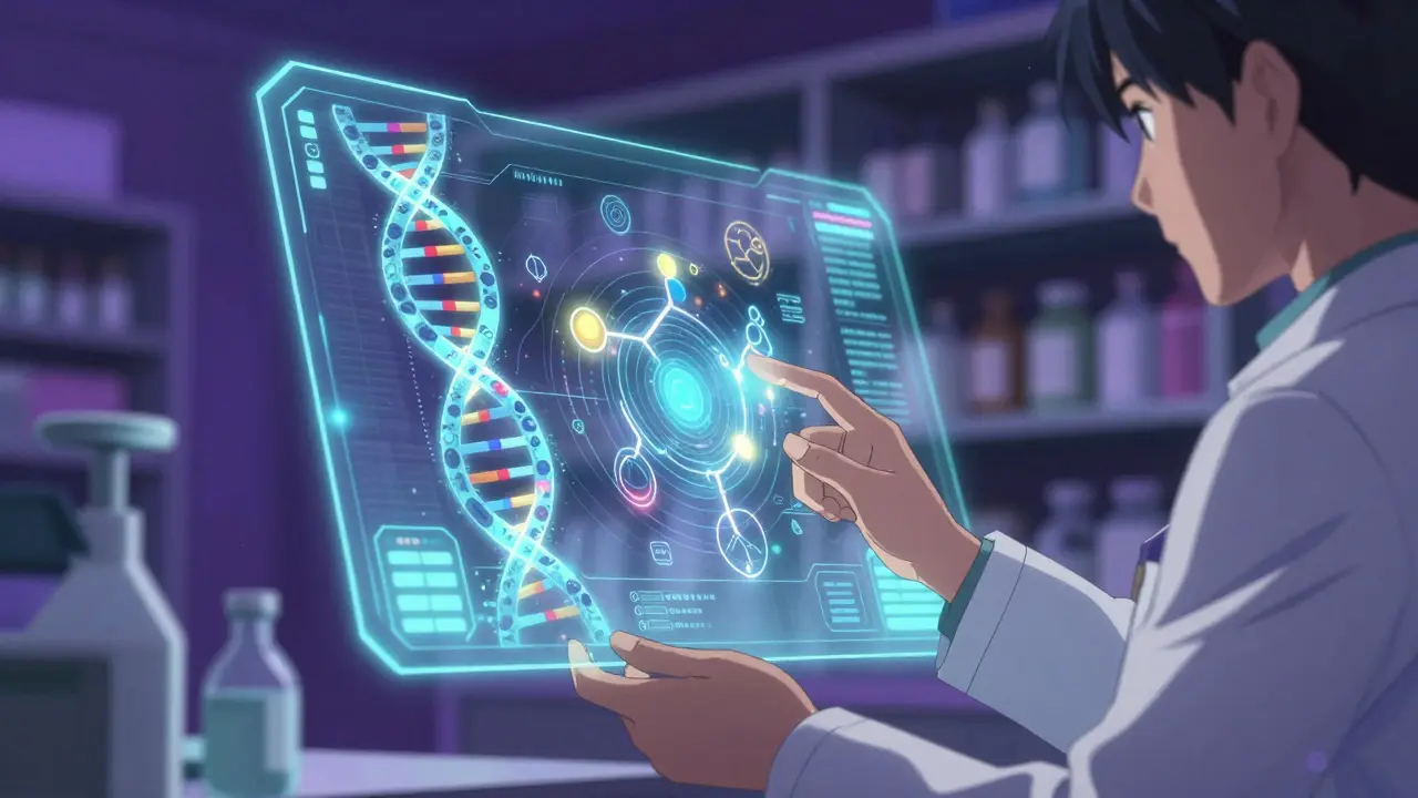 Anime style futuristic hologram of DNA and medication data in a pharmacy
