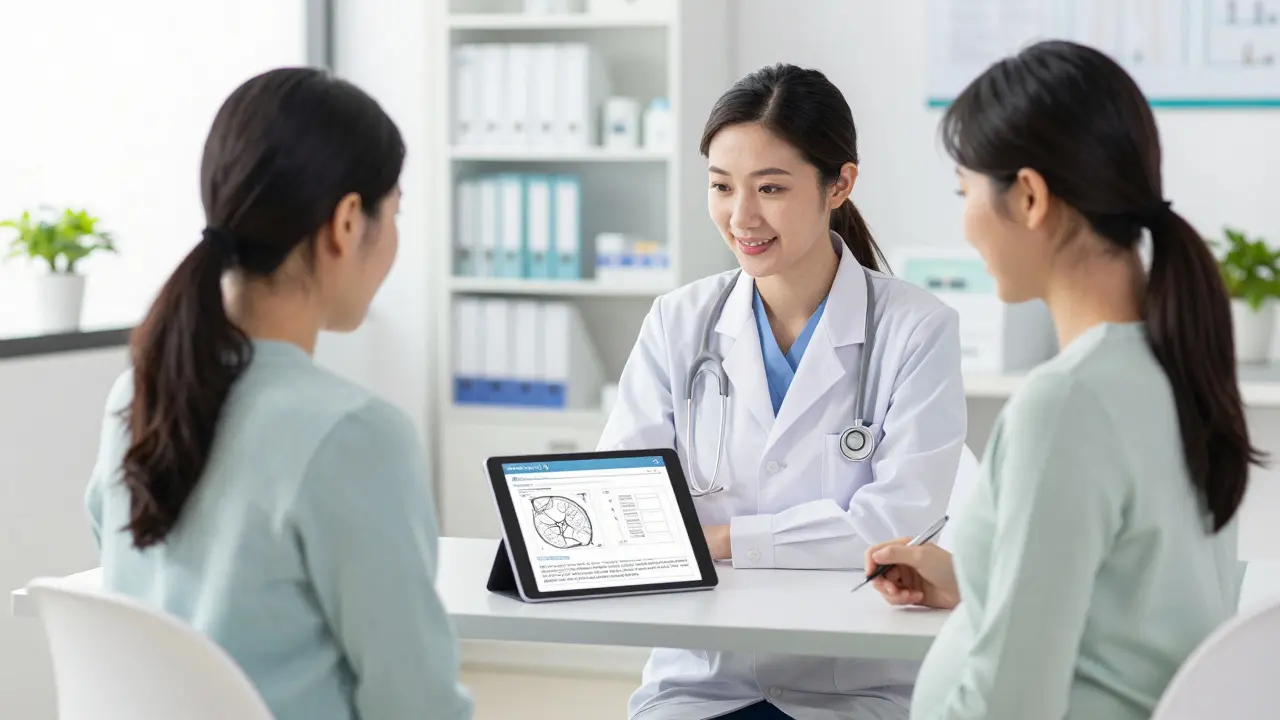 Anime style scene of a pregnant woman consulting with a doctor and pharmacist in a bright clinic