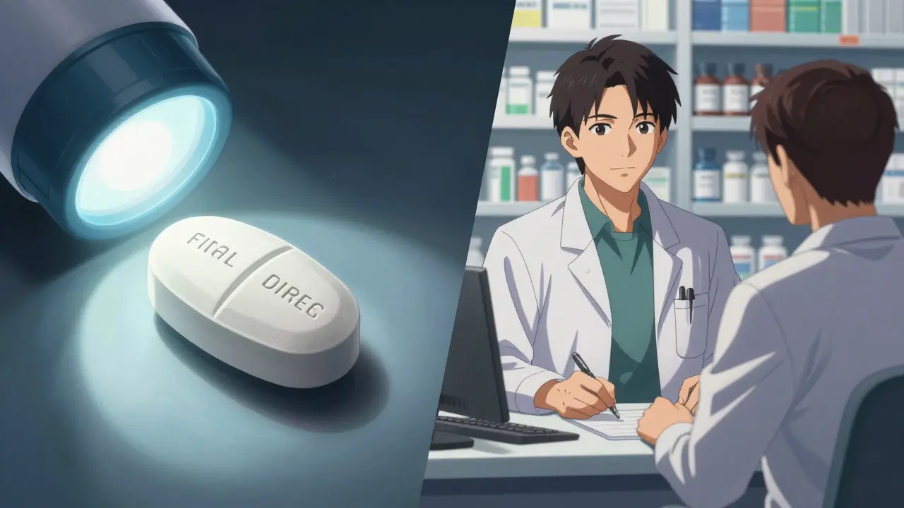 Close-up of a medication imprint and a patient consulting with a pharmacist