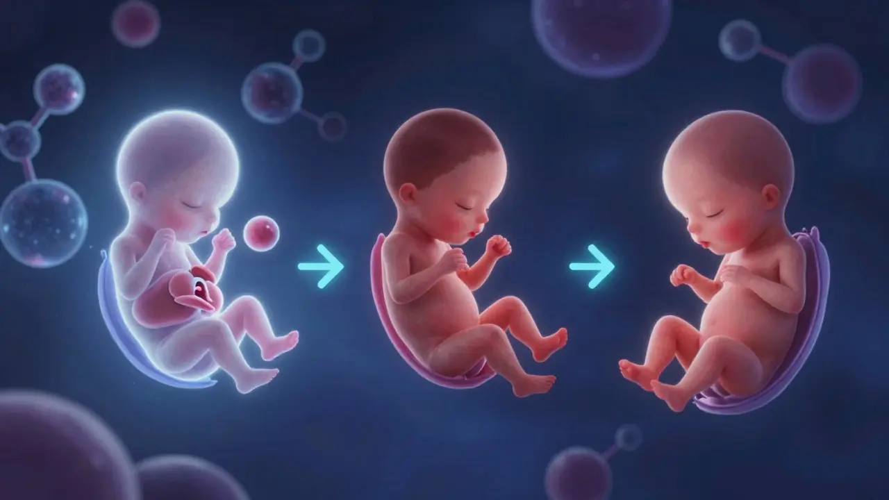 Conceptual anime illustration showing three stages of fetal development surrounded by abstract molecular shapes