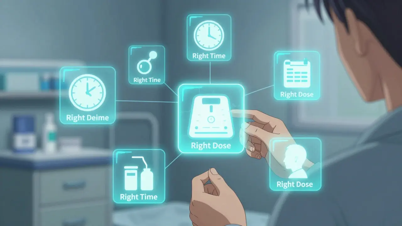 Holographic safety icons representing the Eight Rights of medication safety in anime style.