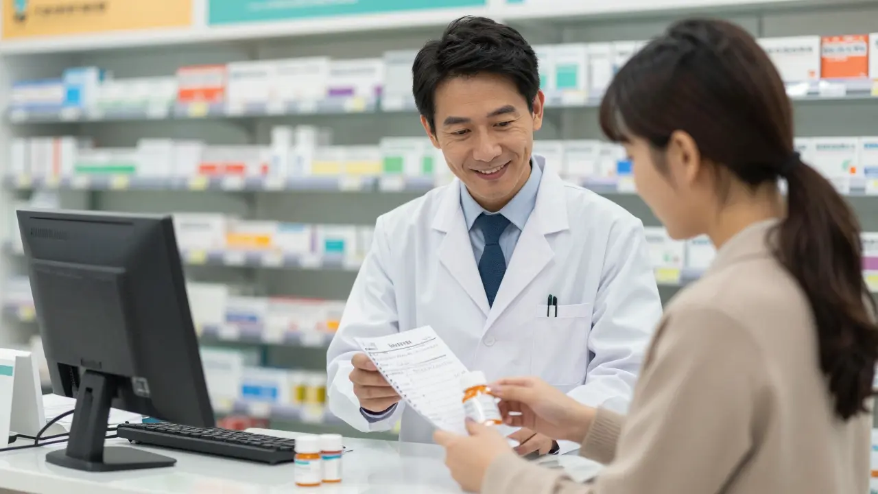 Patient using a safety checklist to verify medication at a pharmacy counter
